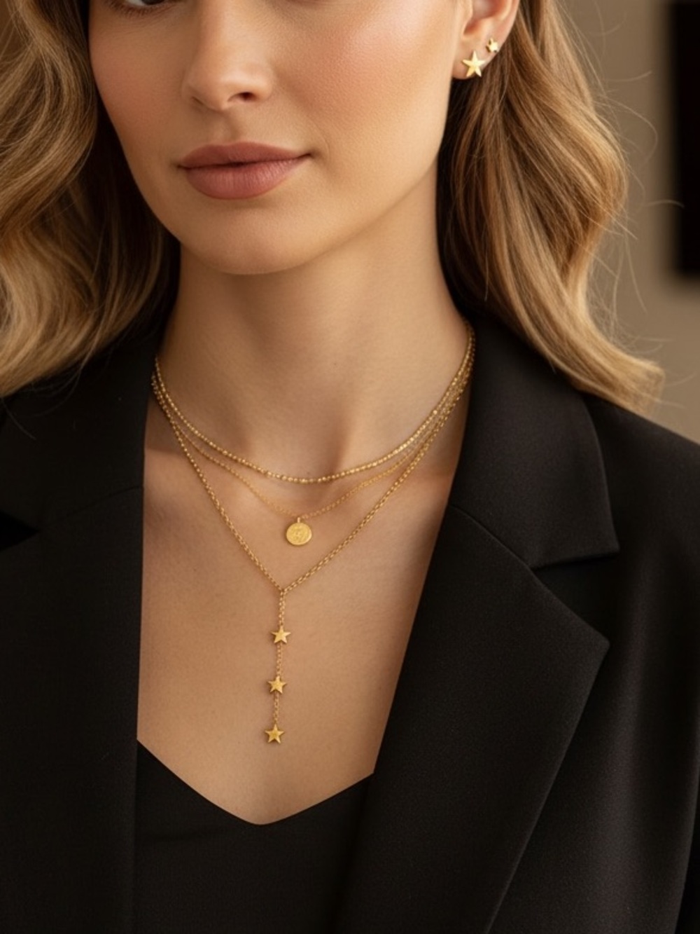 18k Gold Plated Y Lariat 3 Star Necklace. New.